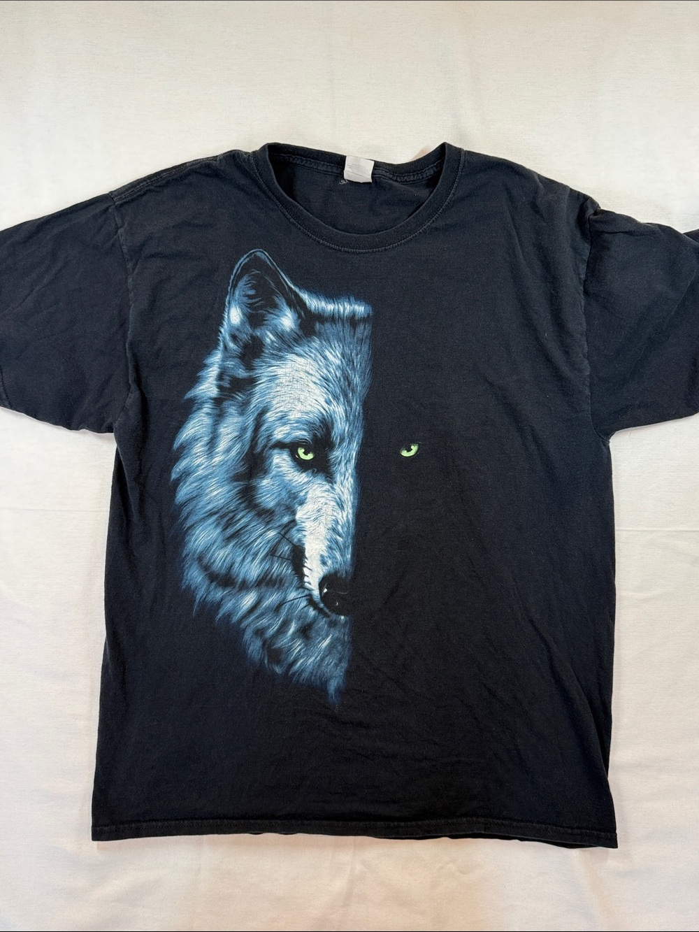 Vintage 90s Wolf Half Face Graphic Fruit of the Loom Black Tee M